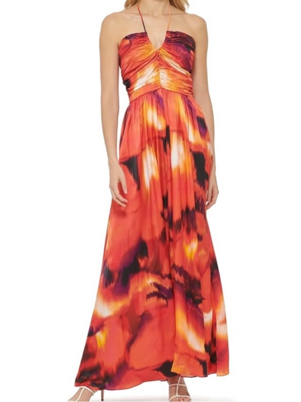 DKNY Printed Satin Ruche Front Halter Maxi Dress medium